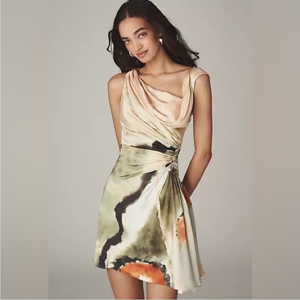 AMUR One-Shoulder Silk Dress in Cream, Olive & Orange Wash